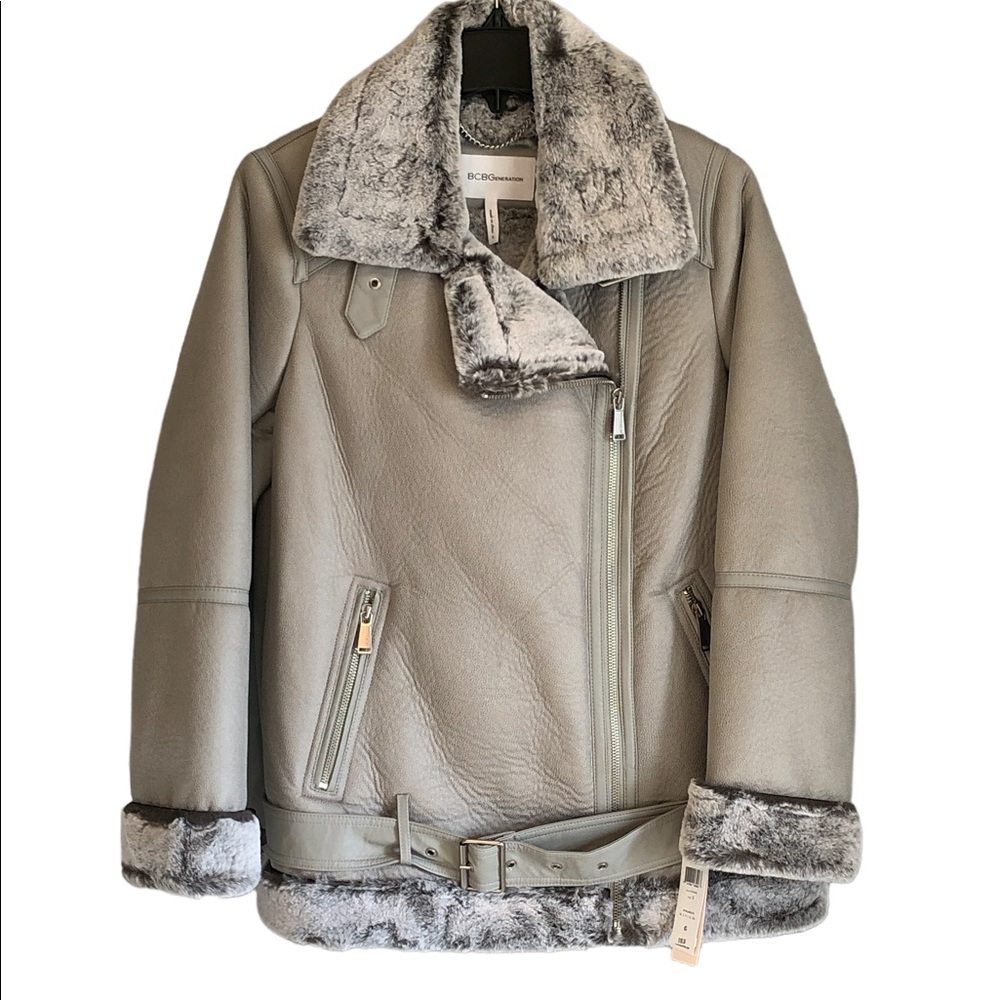 BCBG Generation Sherpha Heavyweight Faux Fur Coat Stone Color Sz, XS